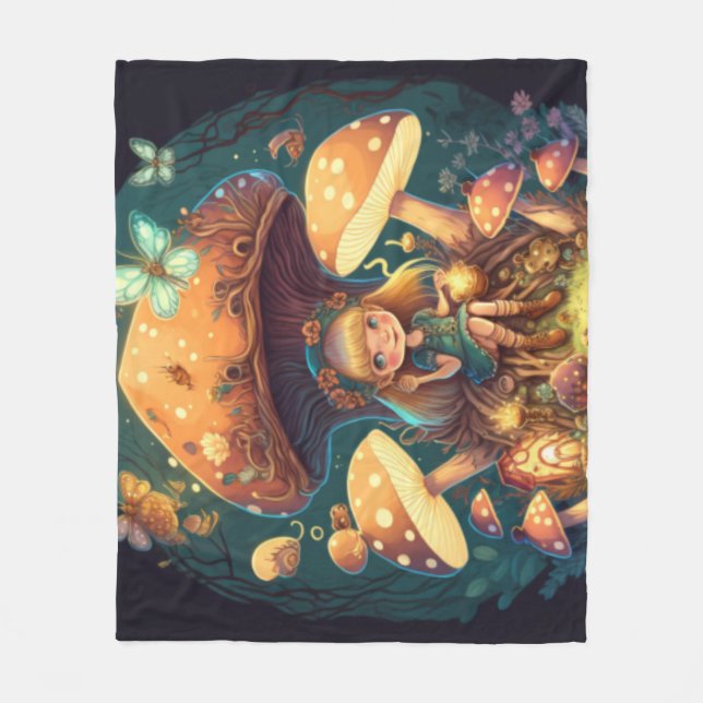 Little girl elve among mushrooms fleece blanket (Front)