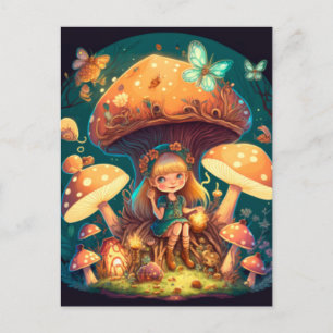 Little girl elve among mushrooms holiday postcard