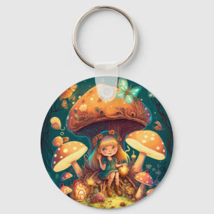 Little girl elve among mushrooms keychain