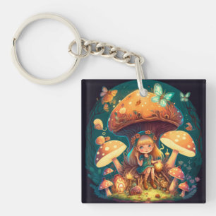 Little girl elve among mushrooms keychain