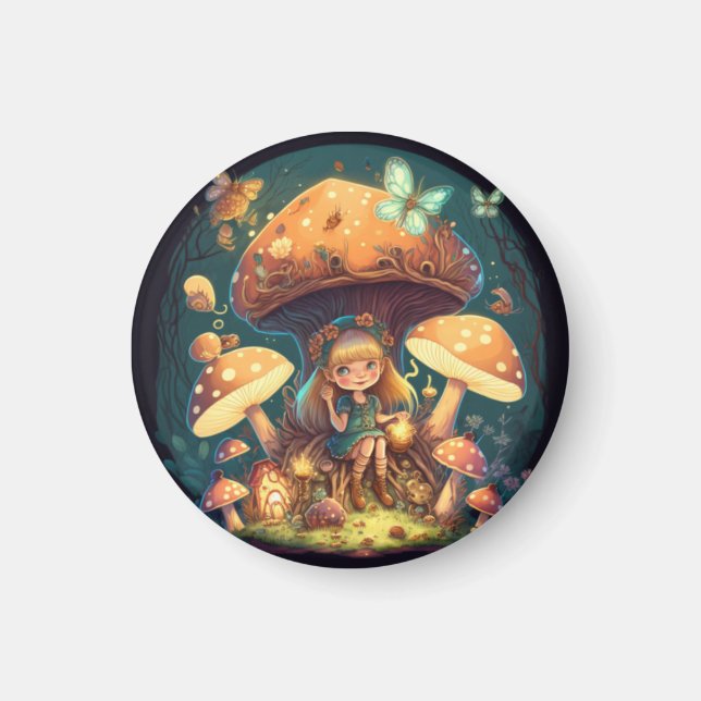 Little girl elve among mushrooms magnet (Front)