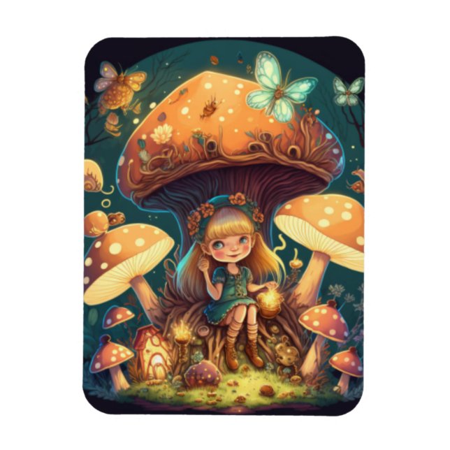 Little girl elve among mushrooms magnet (Vertical)
