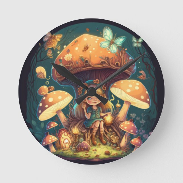 Little girl elve among mushrooms round clock (Front)