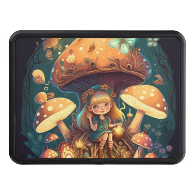 Little girl elve among mushrooms trailer hitch cover (Front)