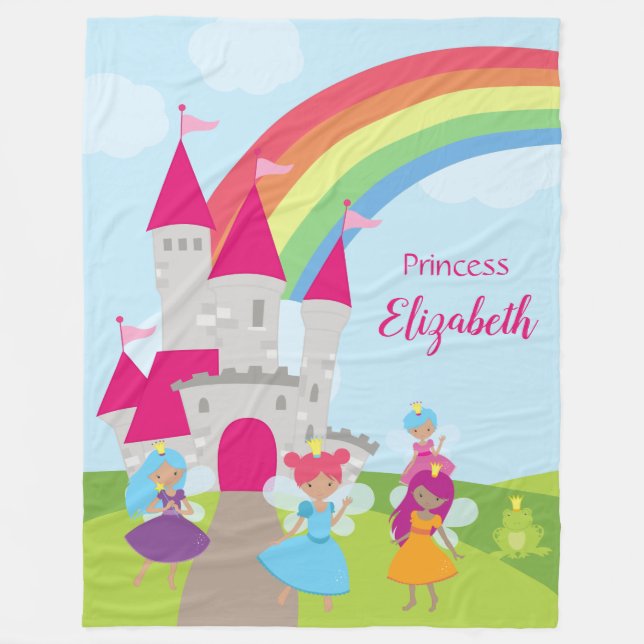Little Girl Fairy Princess with Rainbow and Castle Fleece Blanket (Front)