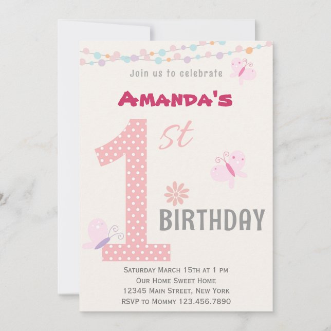 Little Girl First Birthday Party Invitation (Pink) (Front)
