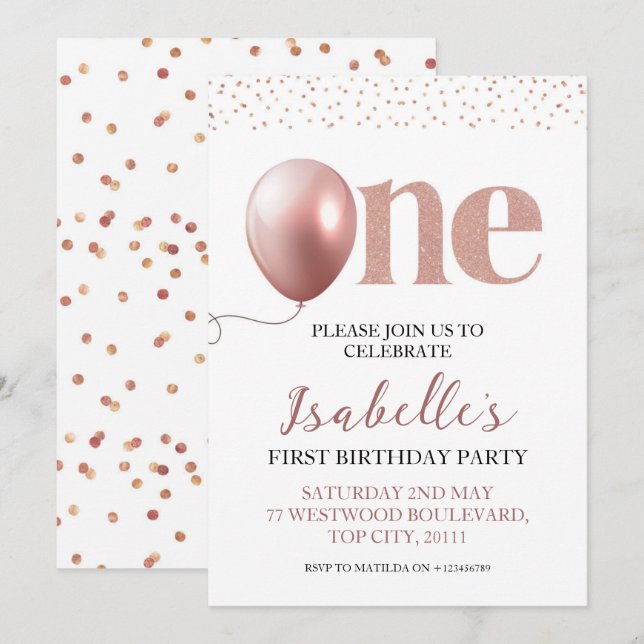 Little Girl First Birthday Rose Gold Pink Glitter  Invitation (Front/Back)