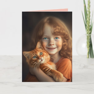 LITTLE GIRL & GINGER CAT CUTE BIRTHDAY GREETING CARD
