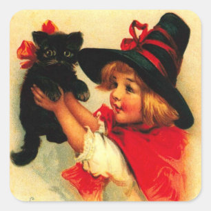 Little Girl & Her Black Cat Square Sticker