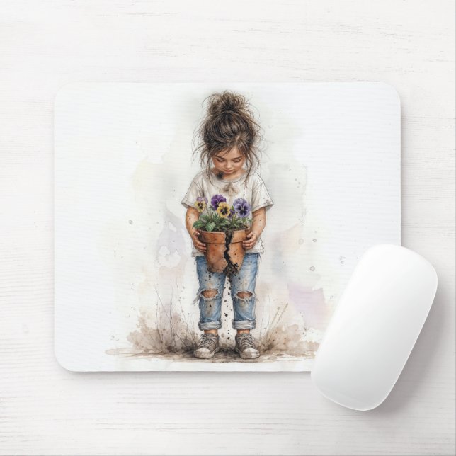 Little Girl Holding a Broken Flower Pot Mouse Pad (With Mouse)