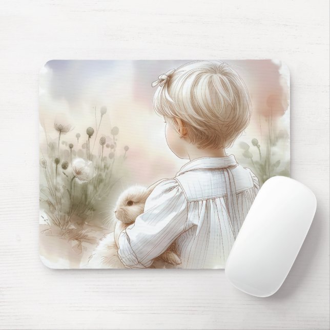 Little Girl Holding Her Pet Bunny Mouse Pad (With Mouse)