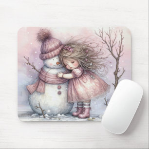 Little Girl Hugging a Snowman Mouse Pad