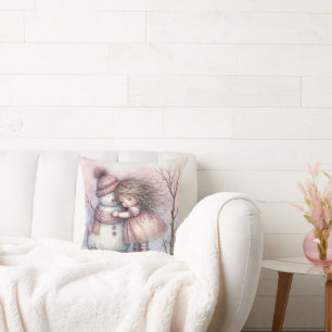 Little Girl Hugging a Snowman Throw Pillow