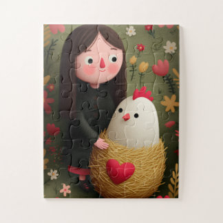Little Girl Hugging Chicken in Nest Jigsaw Puzzle