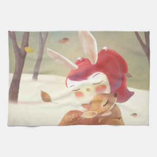 Little Girl Hugging Deer Kitchen Towel