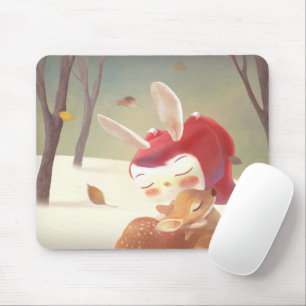 Little Girl Hugging Deer Mouse Pad