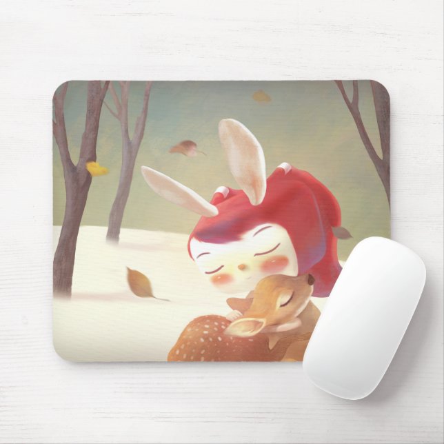 Little Girl Hugging Deer Mouse Pad (With Mouse)