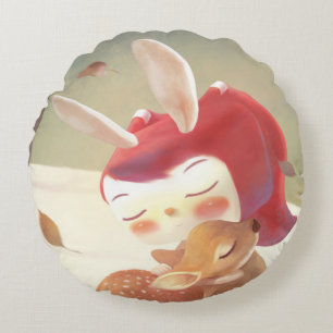 Little Girl Hugging Deer Round Pillow
