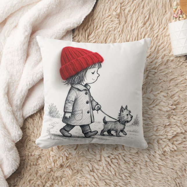 Little Girl In 3-D Red Hat Walking Her Dog Throw Pillow (Blanket)