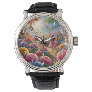 Little Girl in a Field of Flowers and Butterflies Watch