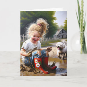 Little Girl In a Mud Puddle Birthday Card