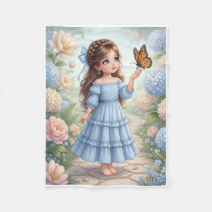 Little Girl In Blue Dress With Butterfly Fleece Bl Blanket