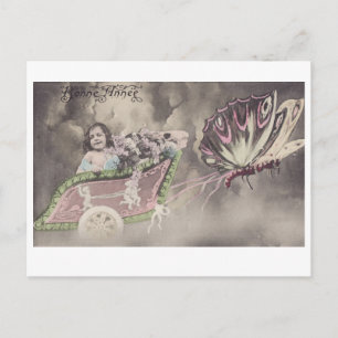 Little Girl in Butterfly Chariot vintage postcard
