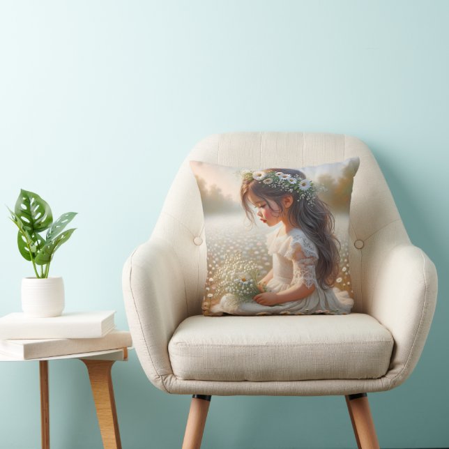 Little Girl In Daisy Field Throw Pillow (Chair)