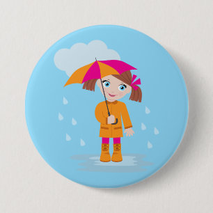 Little Girl in Orange Raincoat with Pink Umbrella 3 Inch Round Button