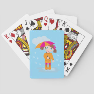 Little Girl in Orange Raincoat with Pink Umbrella Playing Cards