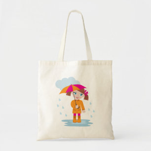 Little Girl in Orange Raincoat with Pink Umbrella Tote Bag