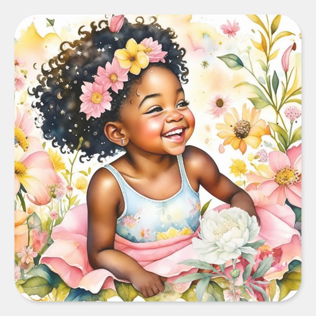Little Girl in Pink Flowers Personalized Birthday Square Sticker (Front)
