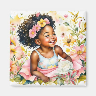 Little Girl in Pink Flowers Watercolor Art Magnet