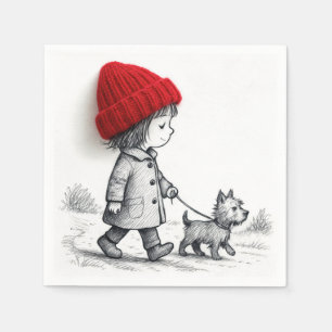 Little Girl In Red Hat Walking Her Dog Napkin