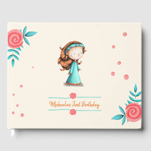 Little Girl in Teal Dress Floral First Birthday Guest Book