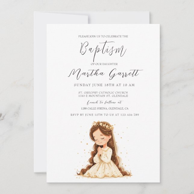 Little Girl in White Dress Praying Girl Baptism Invitation (Front)