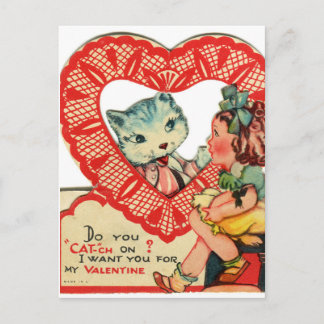 Little Girl & Kitten Vintage Valentine Postcard