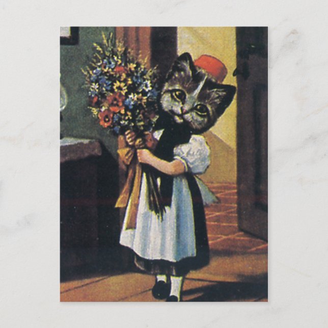 Little Girl Kitten With Flowers Postcard (Front)