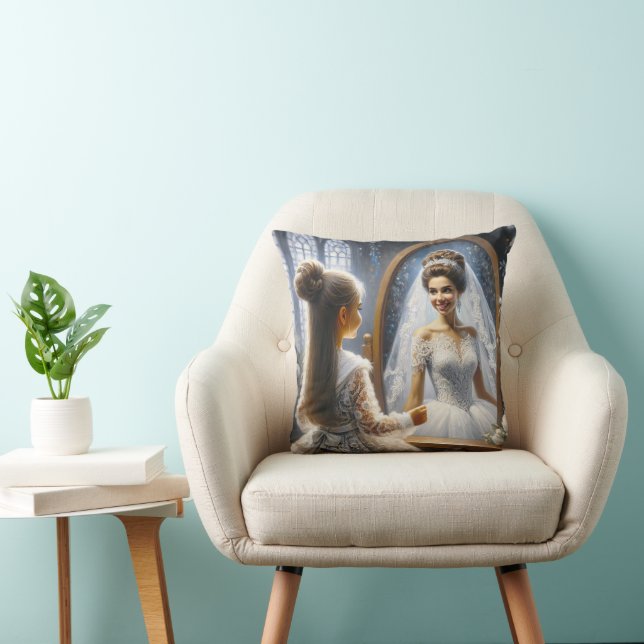 Little Girl Looking In A Mirror At A Bride Throw Pillow (Chair)