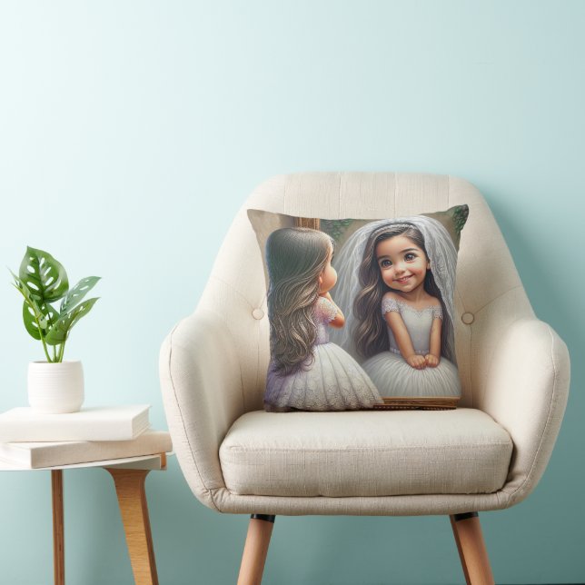 Little Girl Looking In A Mirror At A Bride Throw Pillow (Chair)