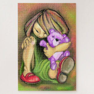 Little Girl Loves Purple Toy Bear Puzzle Painting