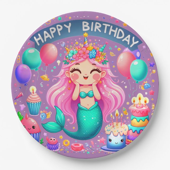 Little Girl Mermaid Birthday Party Paper Plates (Front)