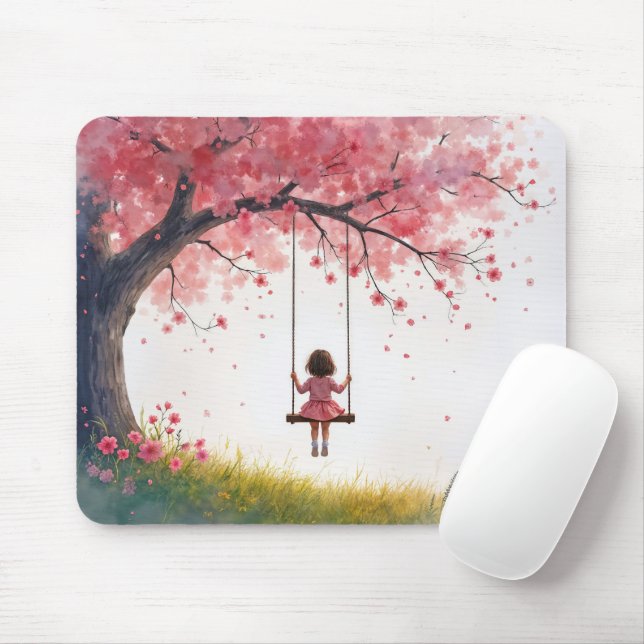 Little Girl On a Cherry Tree Swing Mouse Pad (With Mouse)