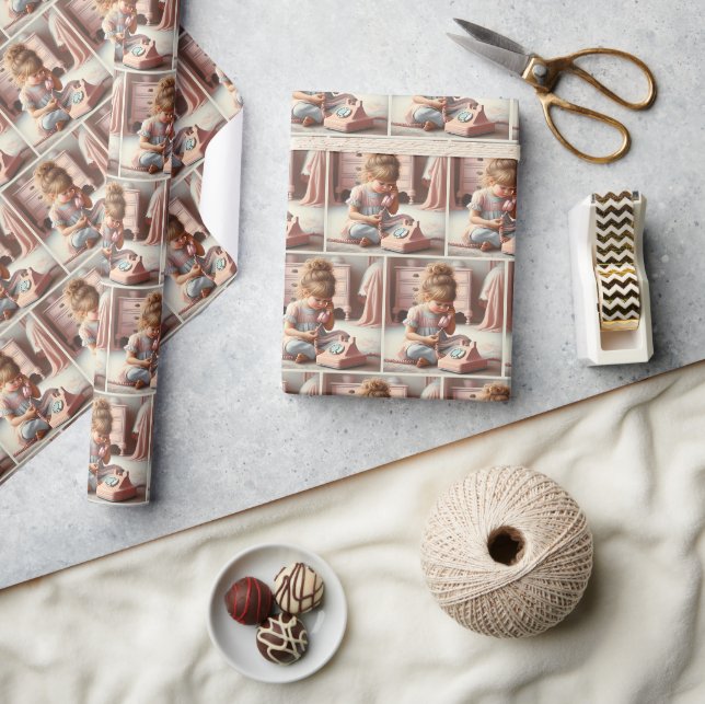 Little Girl On A Retro Telephone Wrapping Paper (Crafts)