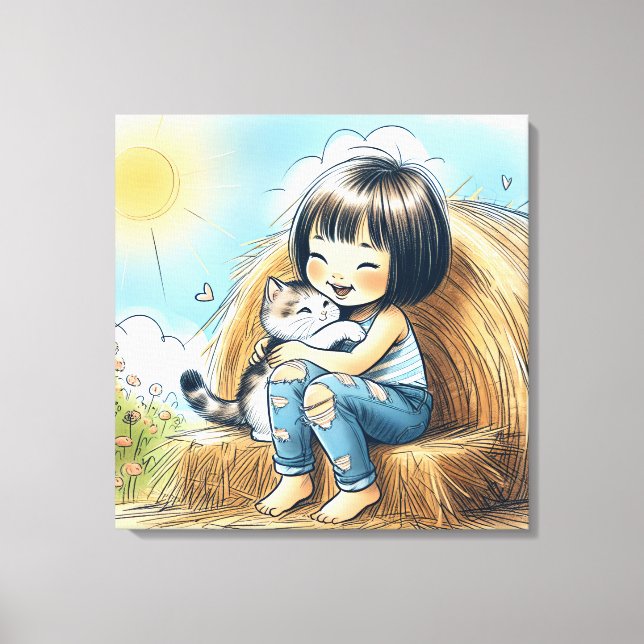 Little Girl On Hay Bale Canvas Print (Front)
