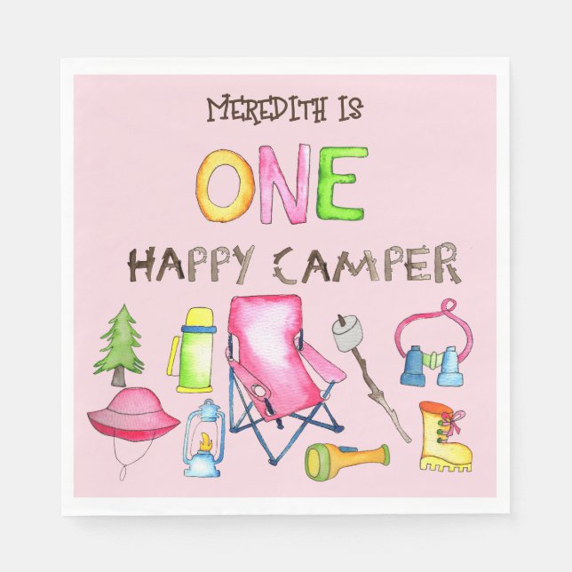 Little Girl One Happy Camper First Birthday Party Napkin (Front)