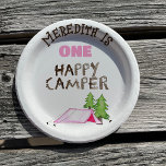 Little Girl One Happy Camper First Birthday Party Paper Plate<br><div class="desc">Throw the perfect One Happy Camper themed birthday party for your little girl. These paper plates feature watercolor illustrations of a pink tent and green and grown pine trees and are ready to be customized with your little happy camper’s name.</div>