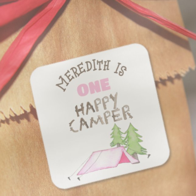 Little Girl One Happy Camper First Birthday Party Square Sticker (Creator Uploaded)