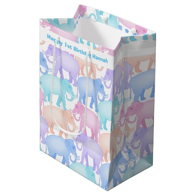 Little Girl or Boy First Birthday Cute Elephants Medium Gift Bag (Front Angled)
