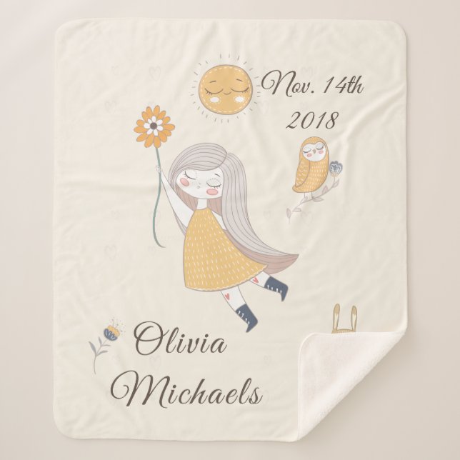 Little Girl Owl Rabbit Personalized Date and Name Sherpa Blanket (Front)